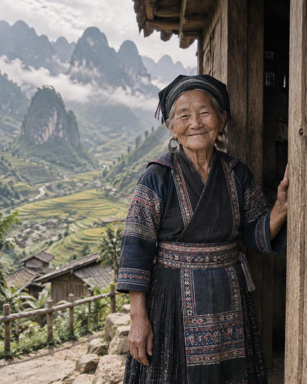 A Hmong grandmother smiling in a doorway above terraced fields