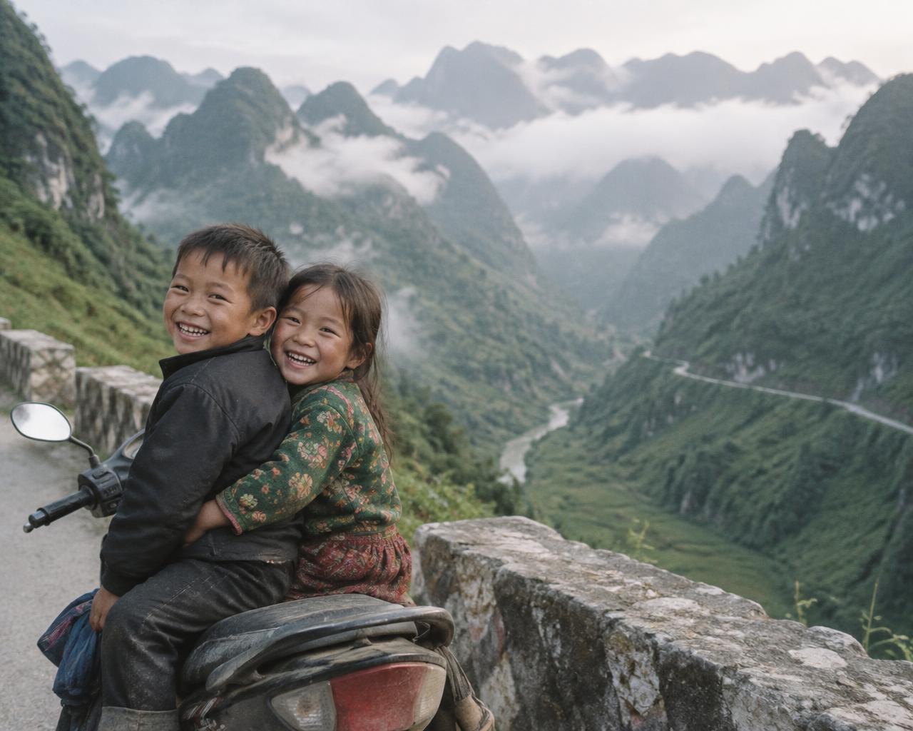 Two children grinning on the back of a motorbike on a mountain pass