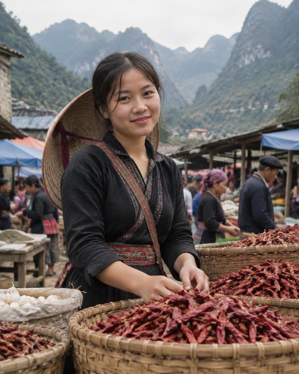 A young market vendor behind baskets of dried chilies