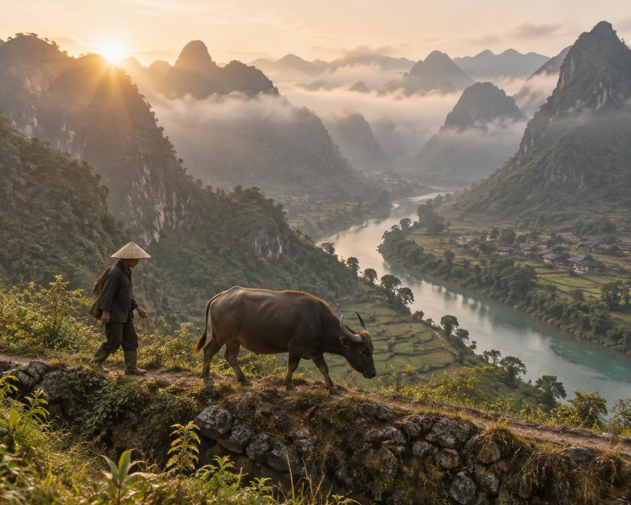 A farmer and a water buffalo walking a ridge above a river valley
