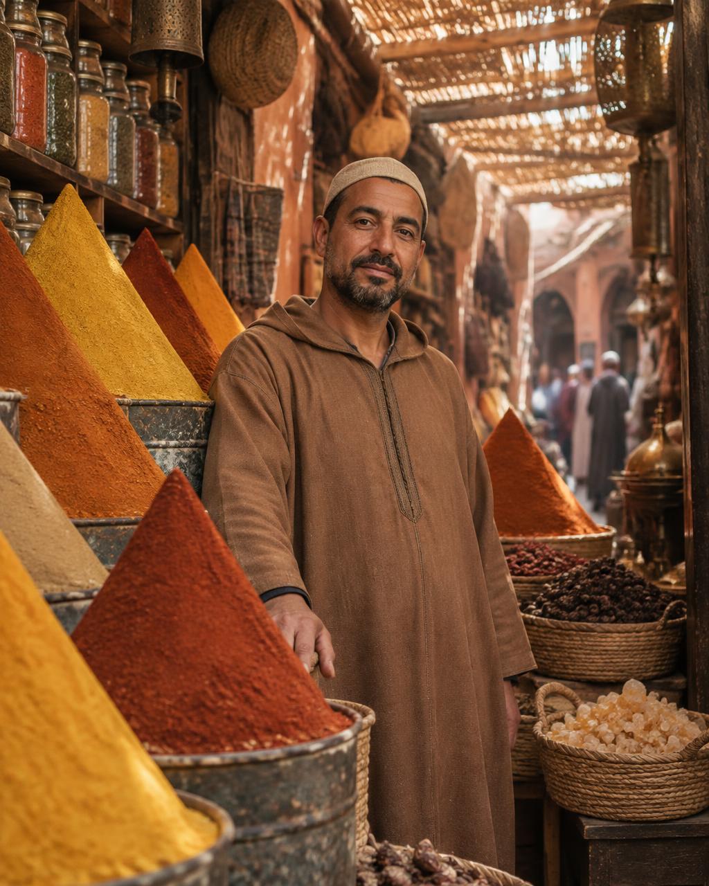 A spice merchant standing between cones of spices in the souk