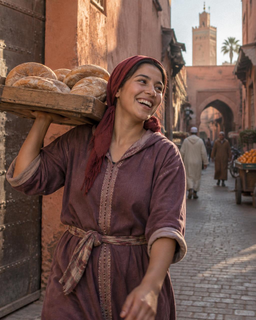 A young woman laughing while carrying a tray of bread through an alley
