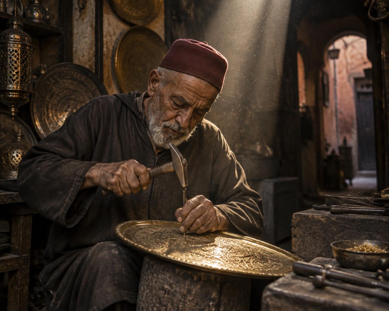 A craftsman hammering a brass tray in a dim workshop