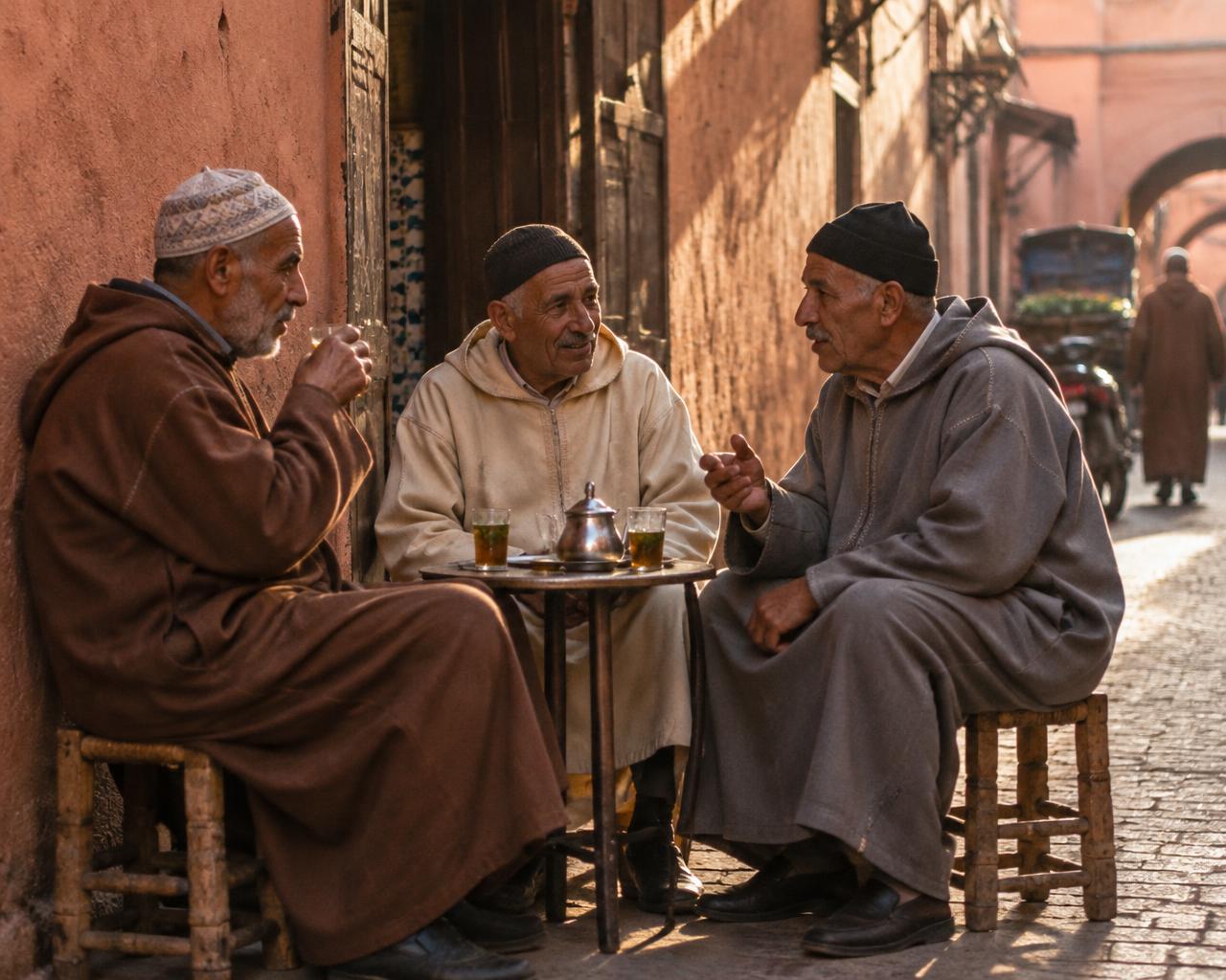 Three men drinking mint tea outside a cafe at golden hour