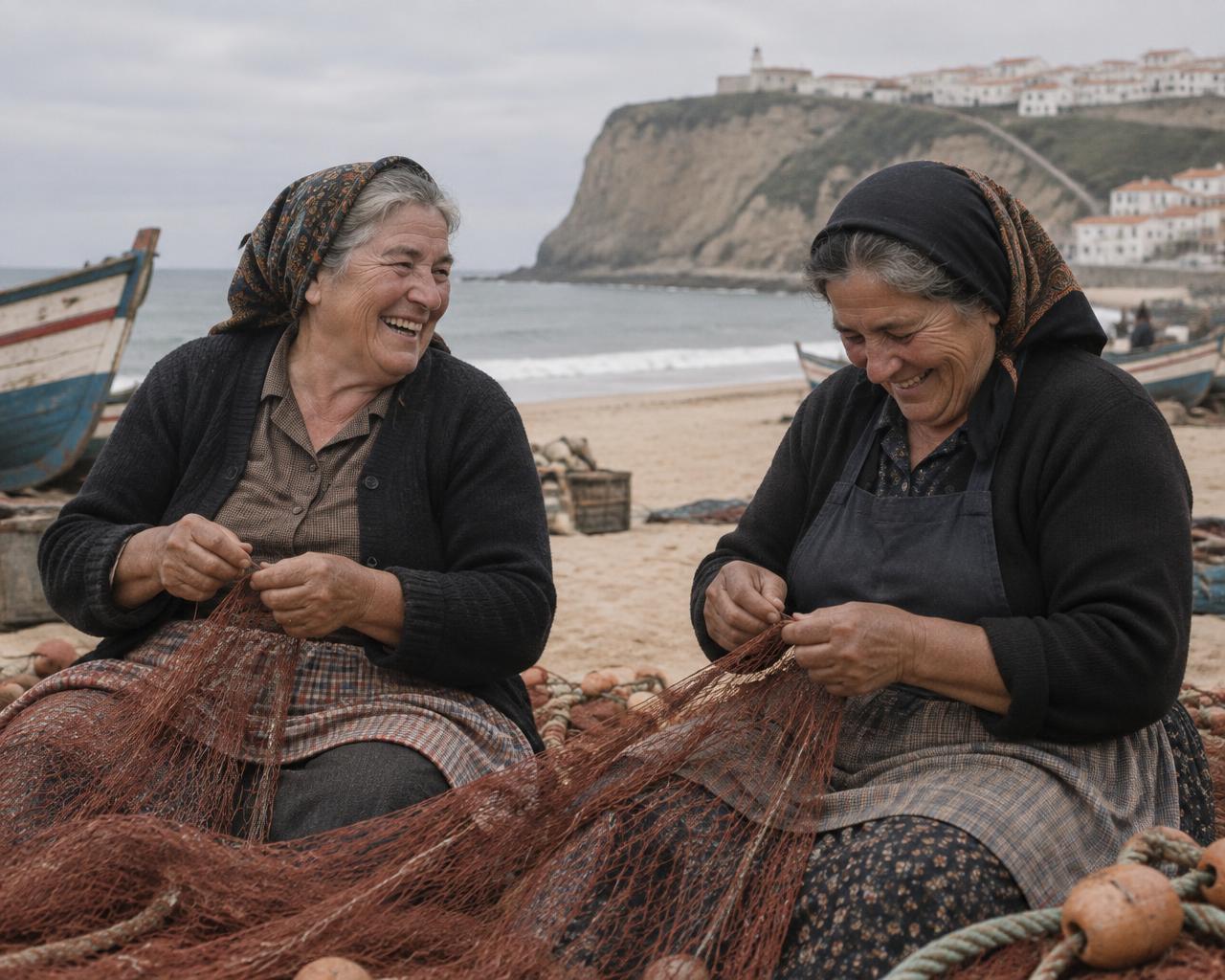 Two women laughing while mending fishing nets on the sand