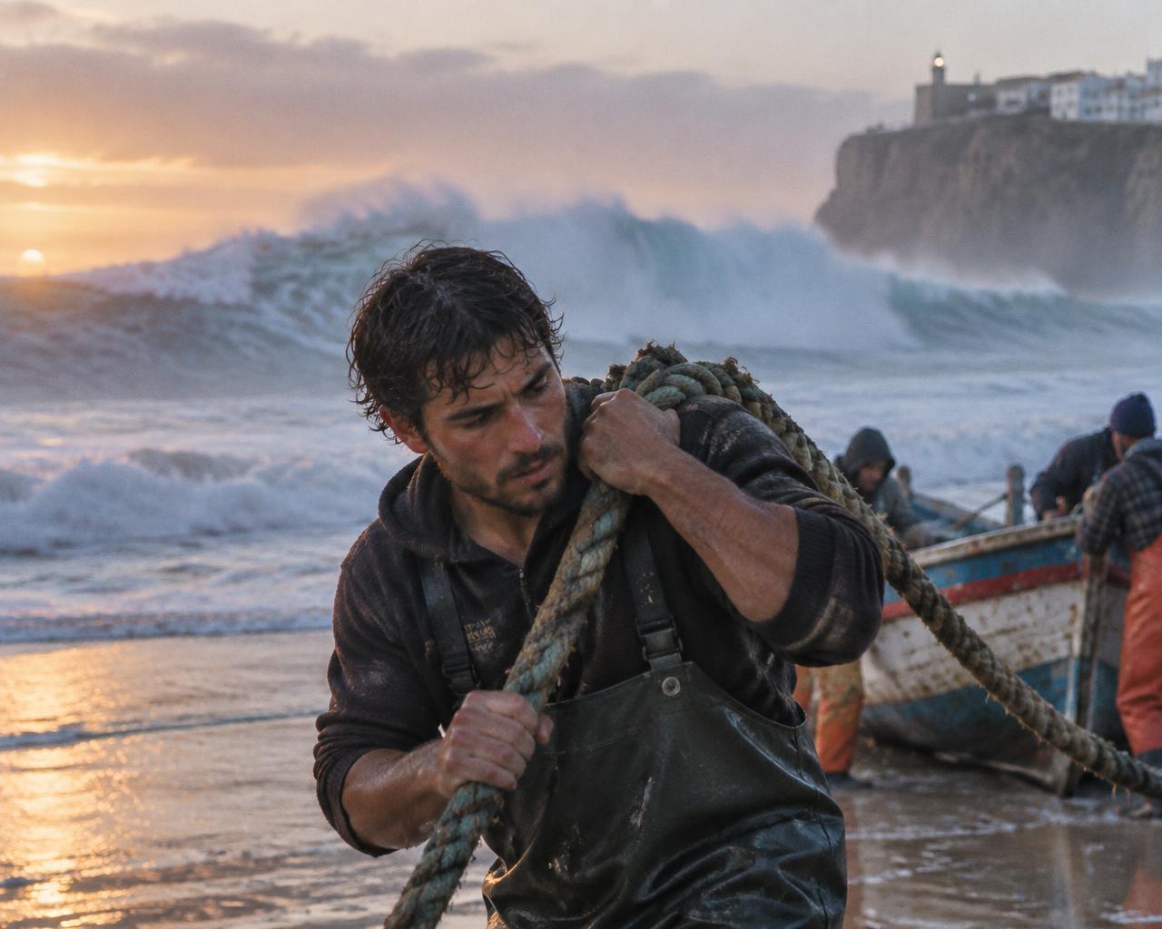 A young fisherman hauling rope at dawn with big waves behind
