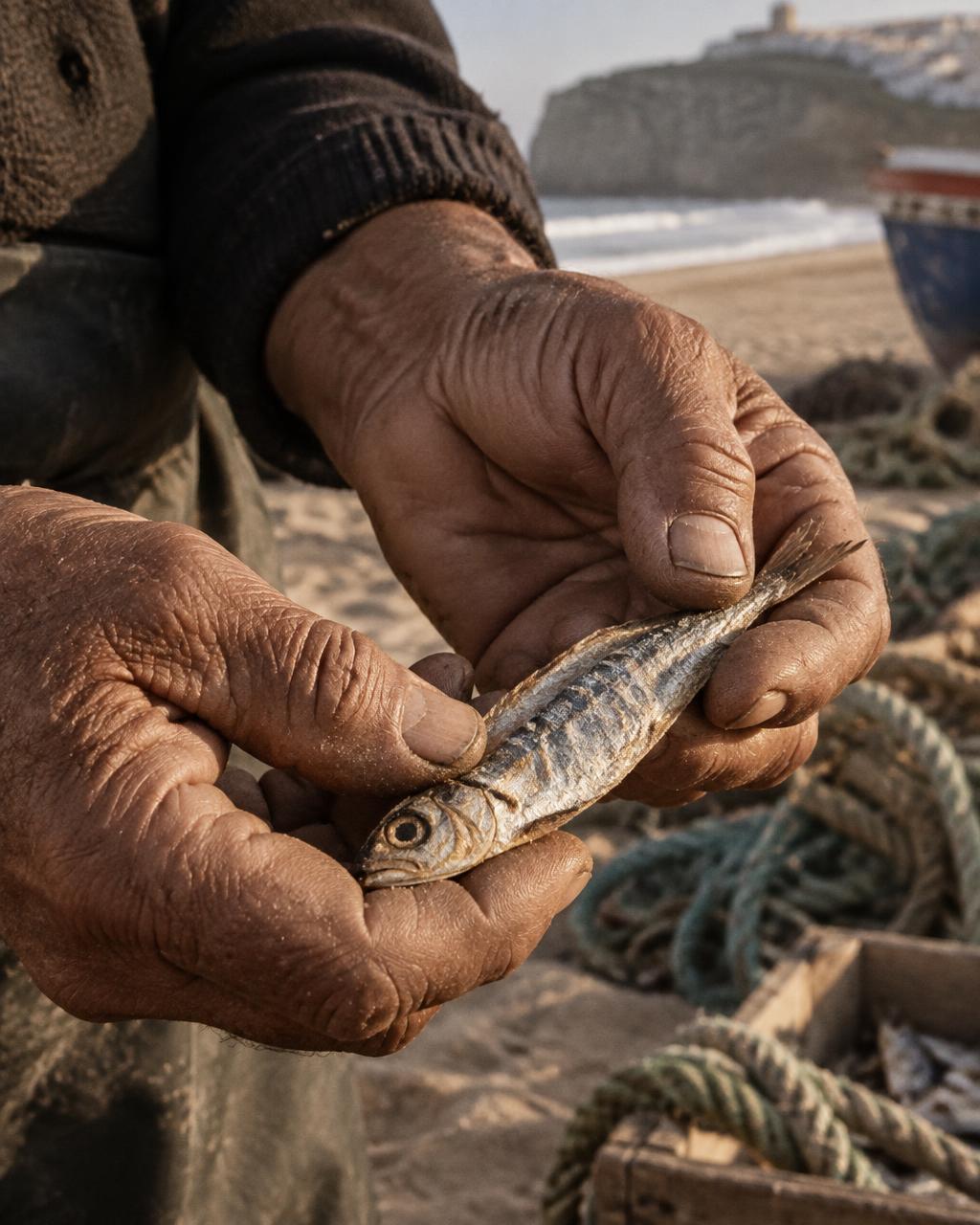 Weathered hands holding a small dried fish
