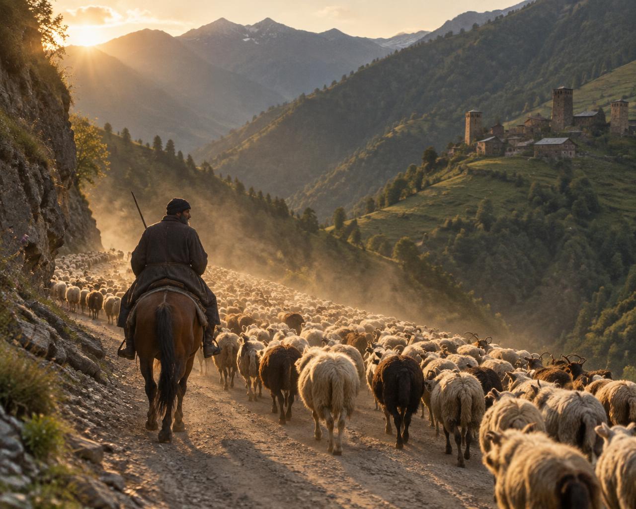 A shepherd on horseback driving sheep along a dusty mountain road