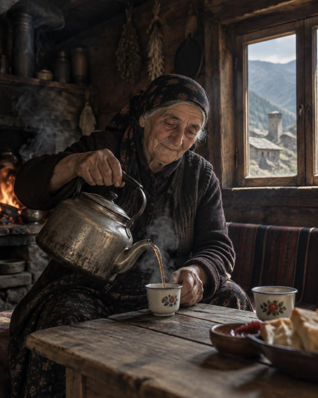 An old woman pouring tea in a wooden mountain house