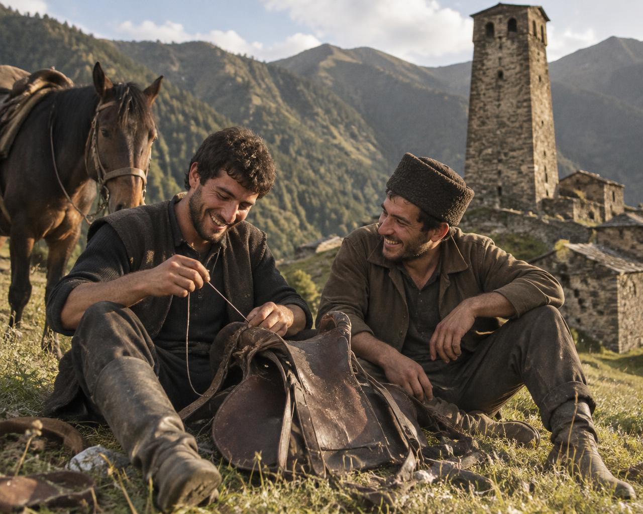 Two young men laughing while repairing a saddle in front of a stone tower